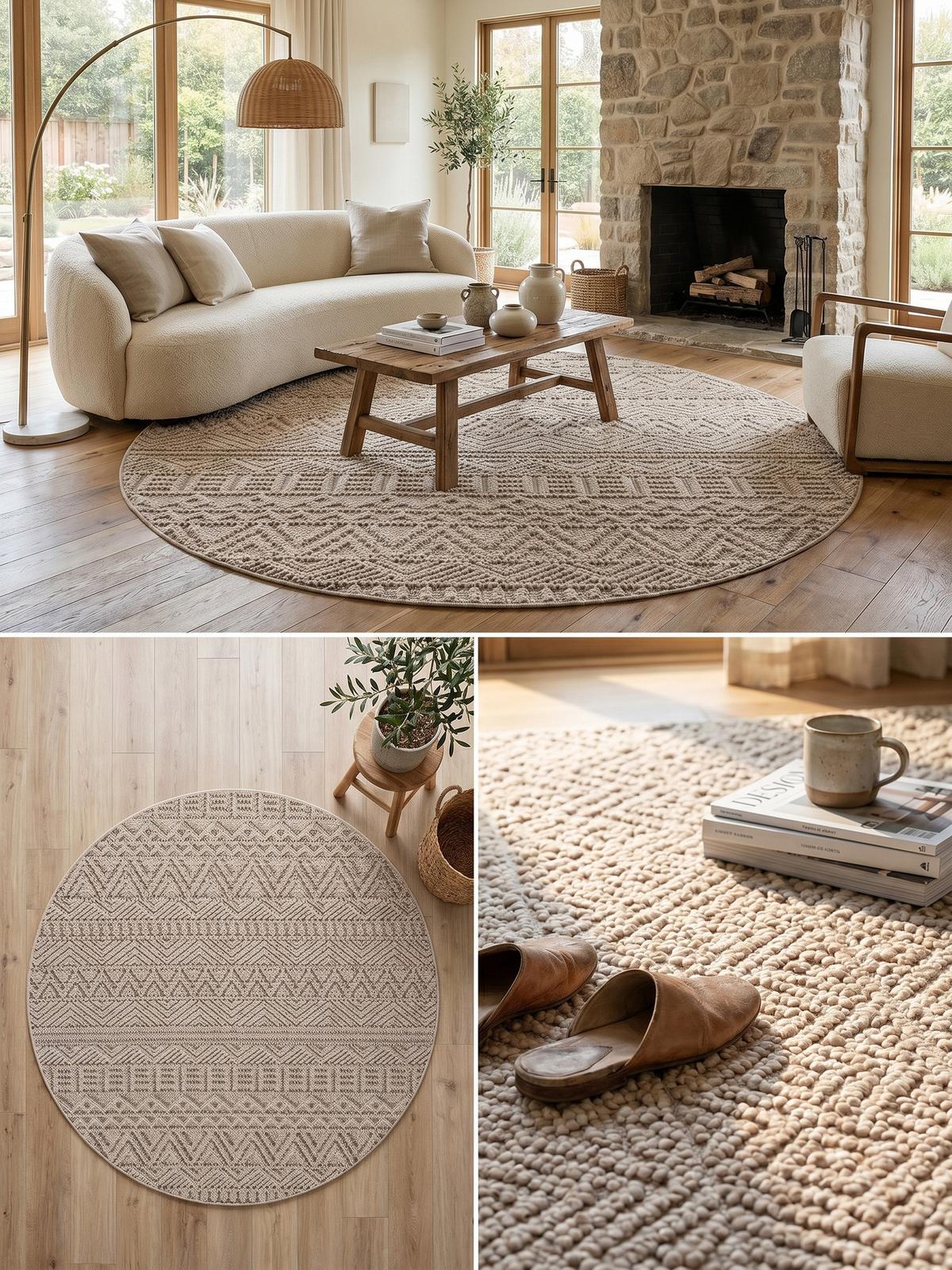 TEPPICH Flachgewebe LANGAU in Beige, mit Ethno-Streifen, Ø 120 cm - Beige, Textil (120/120cm) - KADIMA DESIGN