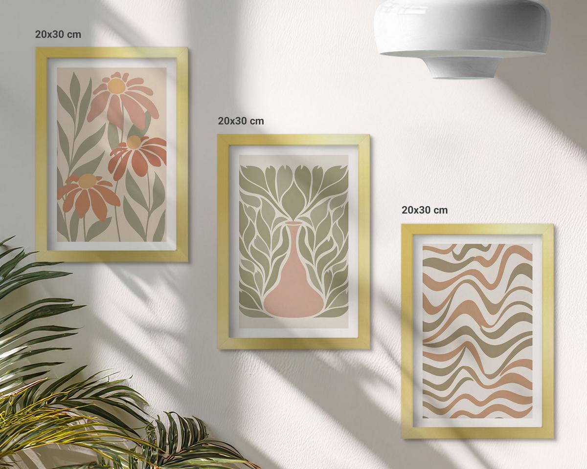 BILDER SET 3er Set - 20x30 cm Goldrahmen - Abstrakte Pastellblumen - Goldfarben, Kunststoff (20/30cm) - TULUP