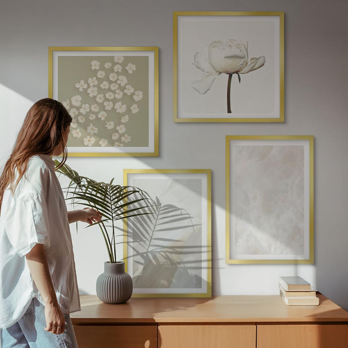 BILDER SET 4er Set - 50x50 cm & 40x60 cm Goldrahmen - Blumen, modische Boho-Texturen - Goldfarben, Kunststoff (50/50cm) - TULUP