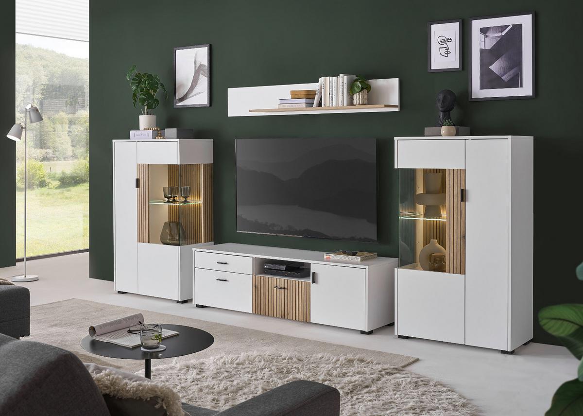 VITRINE weiß matt, Eiche 75 x 125 cm, Highboard mit Soft-Close-Funktion - Eichefarben/Schwarz, Glas/Holzwerkstoff (75/125/38cm) - Furn.Design