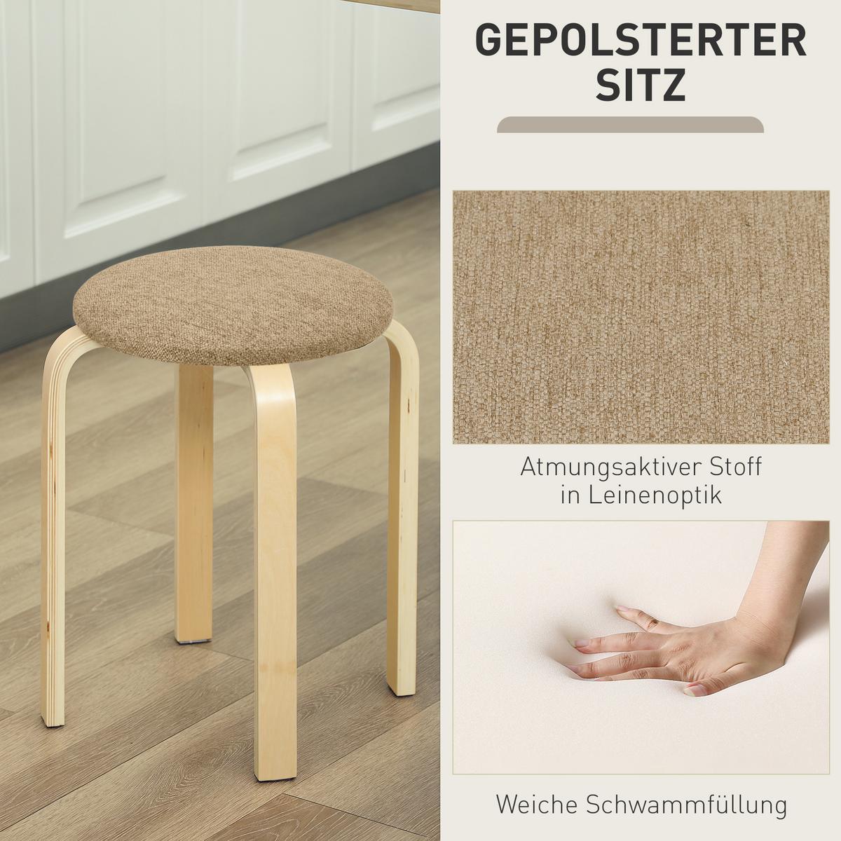 HOCKER 4er Set Holzwerkstoff Polyester Khaki - Braun/Naturfarben, Birkenholz/Holzwerkstoff (40/45/40cm) - HOMCOM