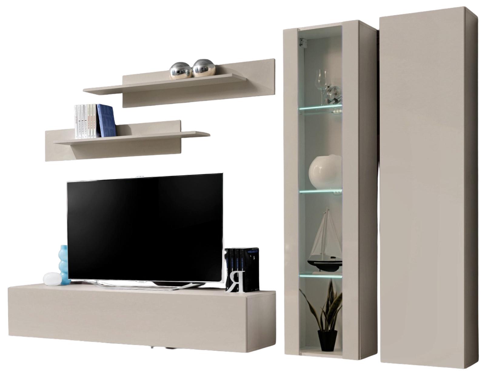 WOHNWAND Kaschmir 260 cm 5-teilig, Schrankwand hängend mit LED-Beleuchtung - Kaschmir, Glas/Holzwerkstoff (260/170/40cm) - Inn.Furn