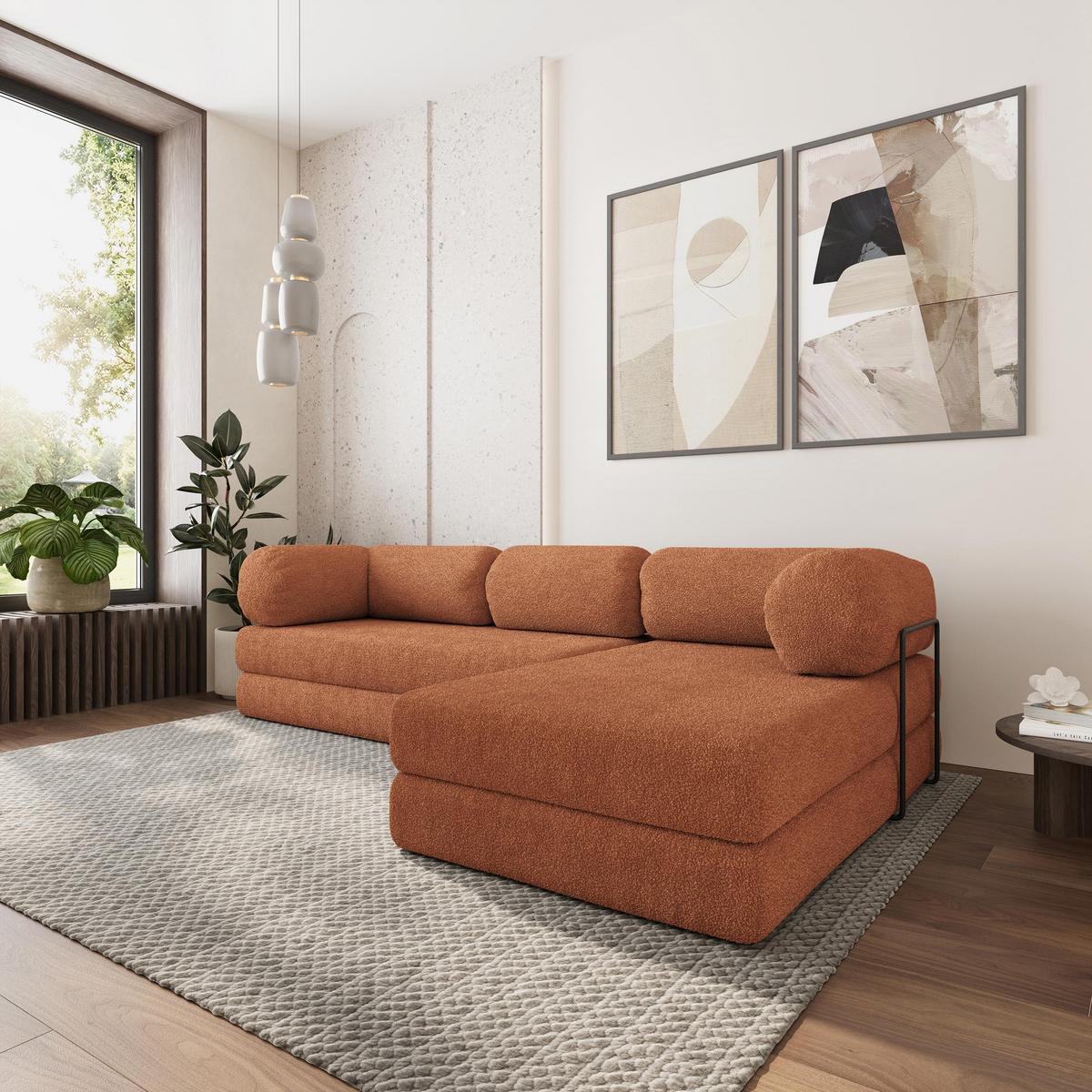 ECKSOFA KELI modulares Boneless Sofa mit Schlaffunktion Orange Boucle-Stoff - Orange, Textil (270/160cm) - MASSENO