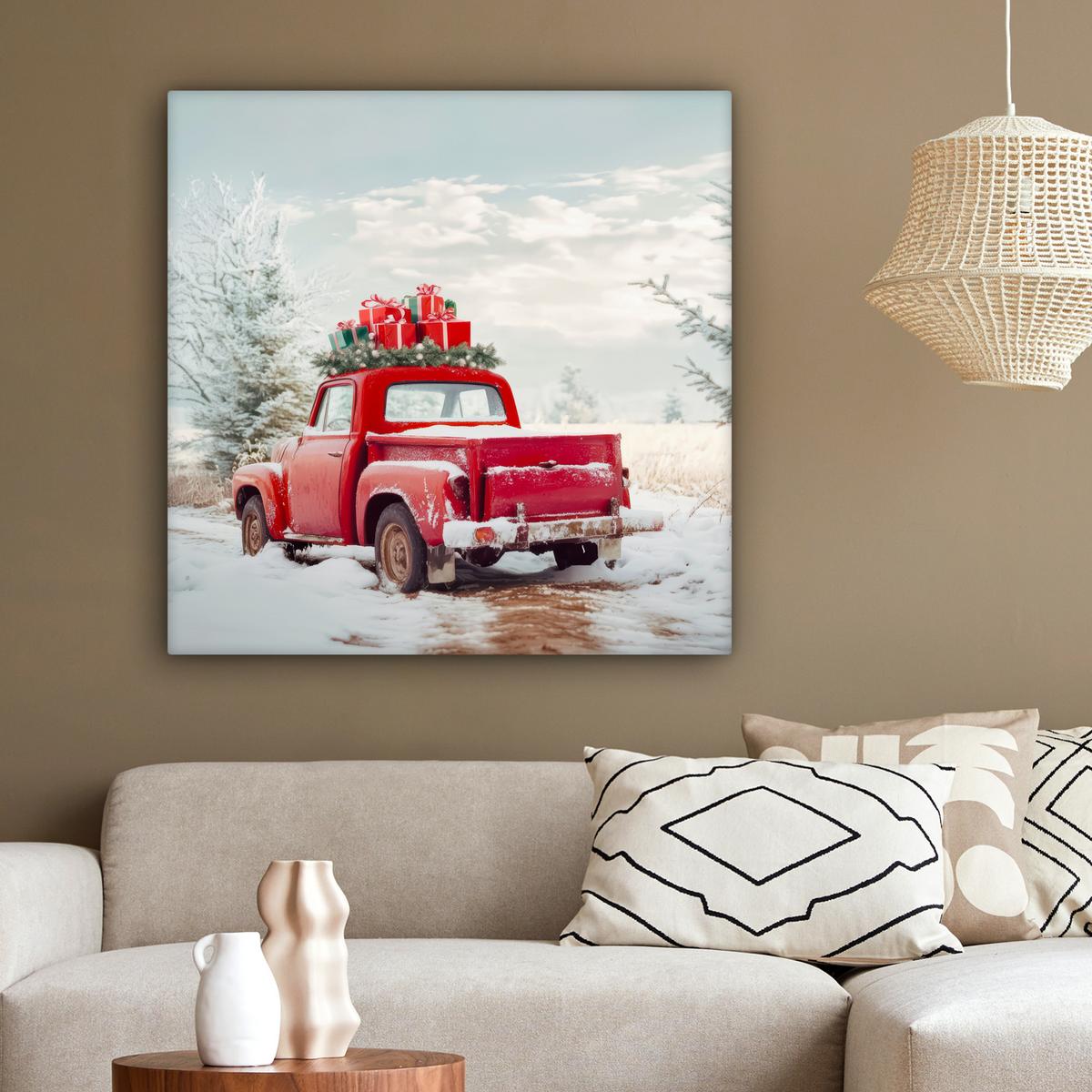 LEINWANDBILD Auto - Rot - Geschenke - Winter - Schnee - Weihnachten Deko Groß 90x90 cm - Rot, Textil (90/90cm) - MuchoWow