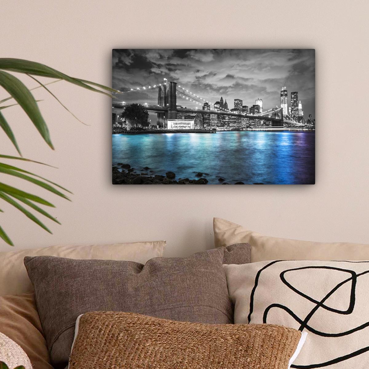 LEINWANDBILD New York - Skyline - Stadt - Blau Deko Schlafzimmer 30x20 cm - Blaugrau, Textil (30/20cm) - MuchoWow