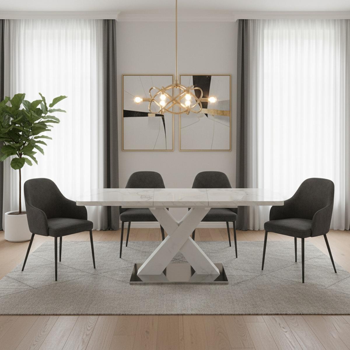 ESSTISCH AUSZIEHBARER Weiß Marmoroptik mit Ausziehfunktion & X-Gestell - Weiß, Holzwerkstoff/Metall (80/160/77cm) - Urban Meuble