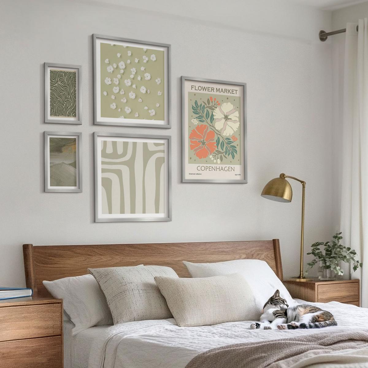 BILDER SET 5er Set - 50x50 cm & 20x30 cm & 40x60 cm Silberner Rahmen - Abstrakte Boho-Muster - Silberfarben, Kunststoff (40/60cm) - TULUP