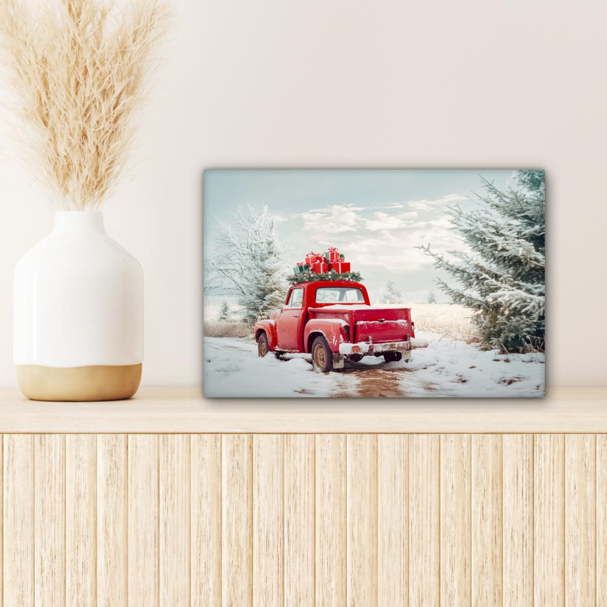 LEINWANDBILD Auto - Rot - Geschenke - Winter - Schnee - Weihnachten Deko Schlafzimmer 30x20 cm - Rot, Textil (30/20cm) - MuchoWow