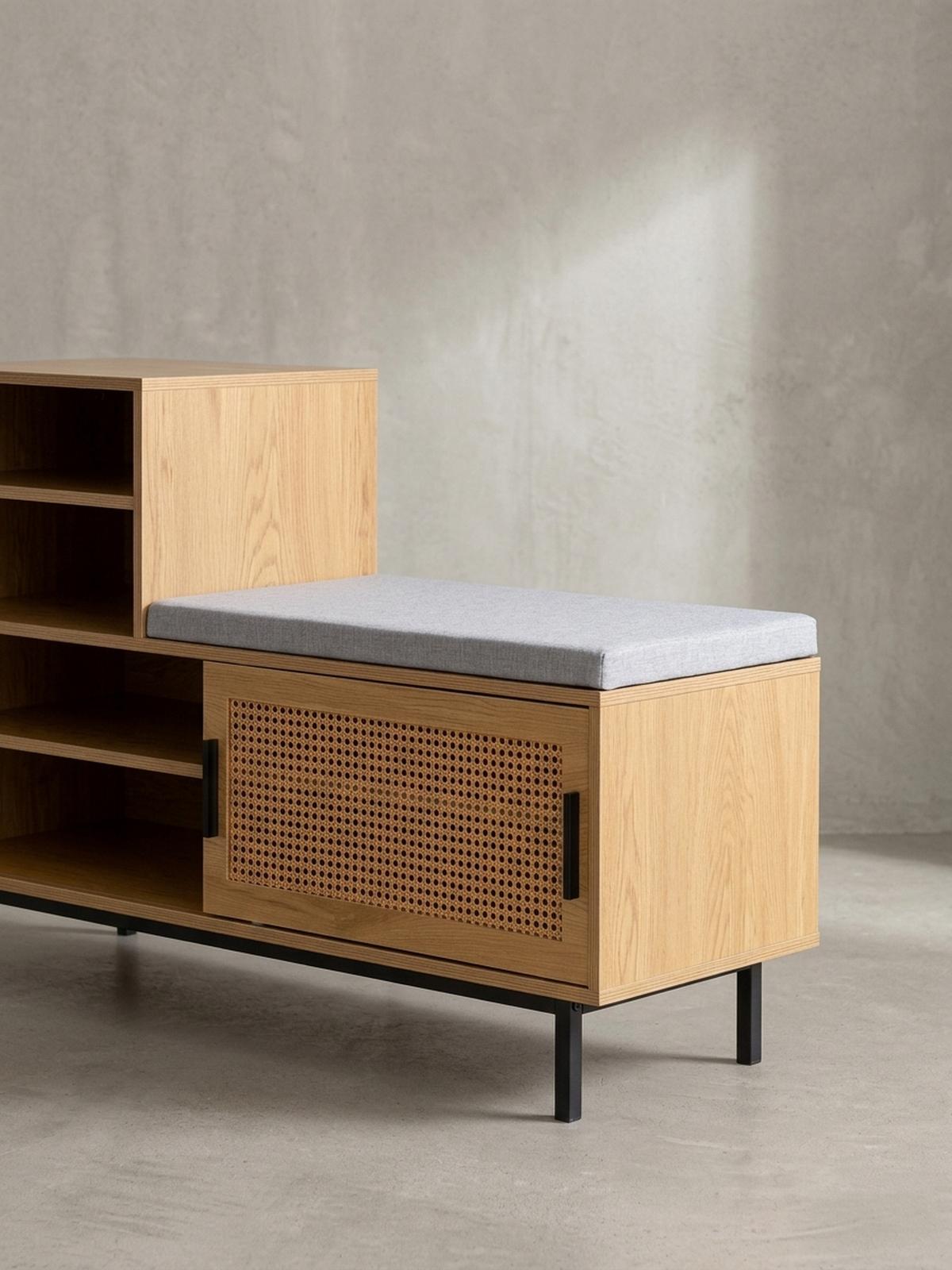 SCHUHBANK – Eiche-Dekor, 120x75,5x40 cm, Rattan-Elemente, Sitzbank gepolstert - Schwarz/Braun, Textil/Metall (120/76/40cm) - KADIMA DESIGN