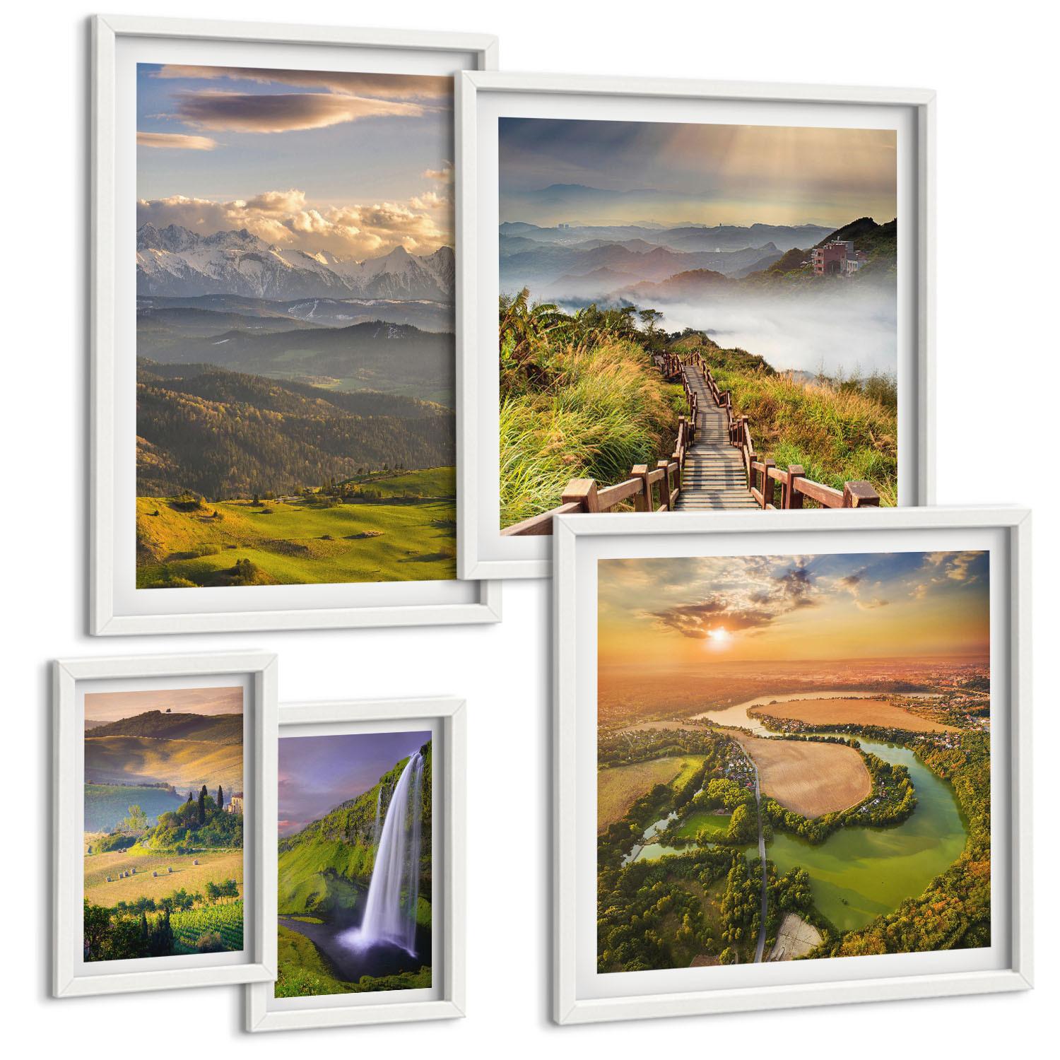 BILDER SET 5er Set - 50x50 cm & 20x30 cm & 40x60 cm Weißer Rahmen - Grüne Hügel mit einer Burg - Weiß, Kunststoff (40/60cm) - TULUP