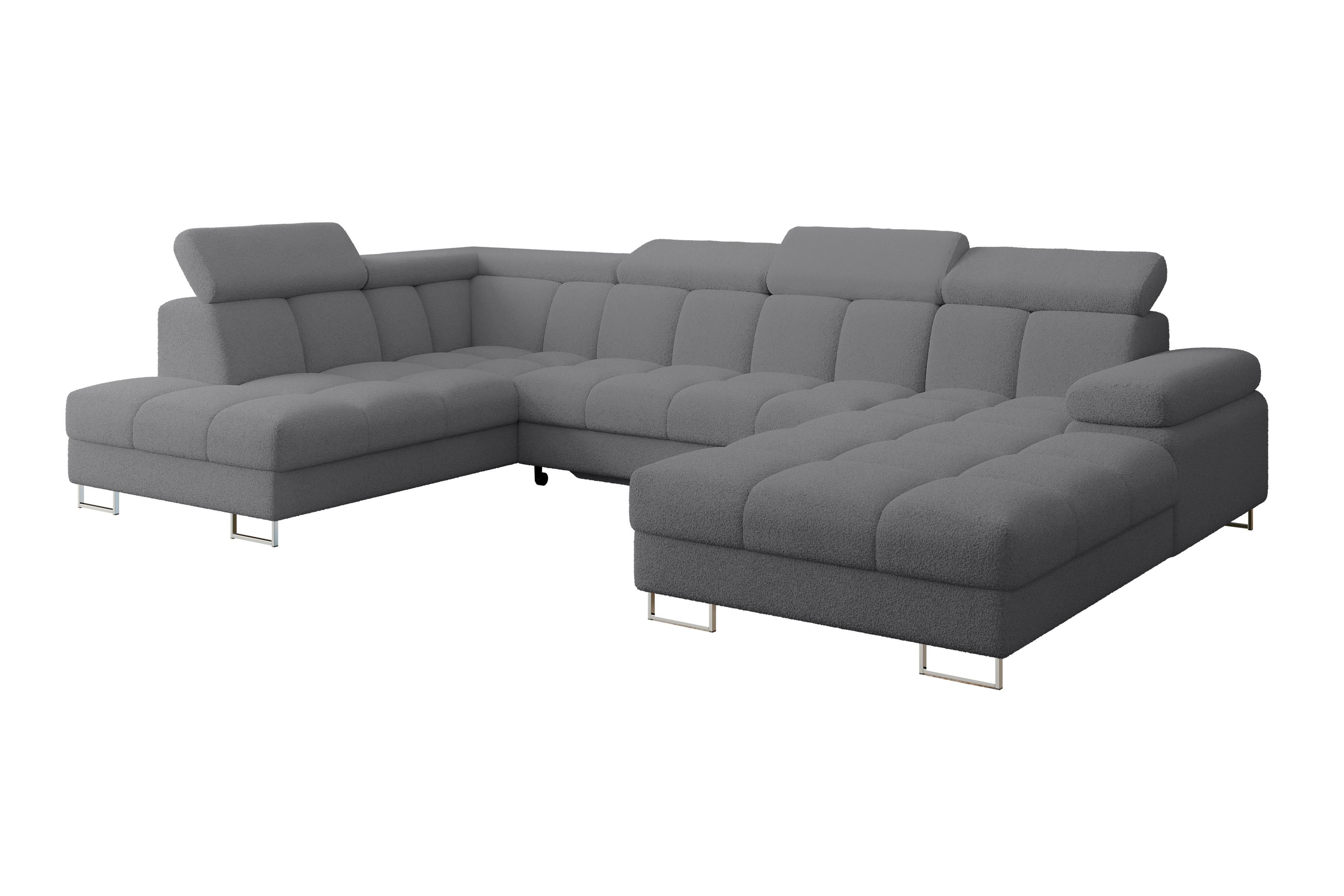 WOHNLANDSCHAFT mit Schlaffunktion und Bettkasten Ottomane Links COMA U 345x203x79 Grau Bouclé - Chromfarben, Holzwerkstoff/Textil (345/79/203cm) - ALTDECOR