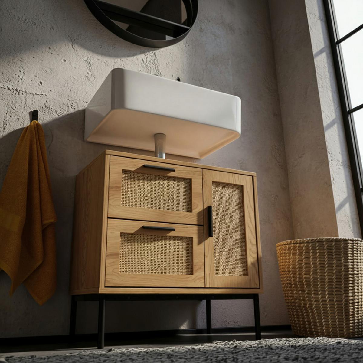 WASCHBECKENUNTERSCHRANK Eiche-Optik 60x60x40 cm mit Tür, Schubladen und Rattangeflecht - Schwarz/Braun, Holzwerkstoff/Metall (60/60/40cm) - KADIMA DESIGN