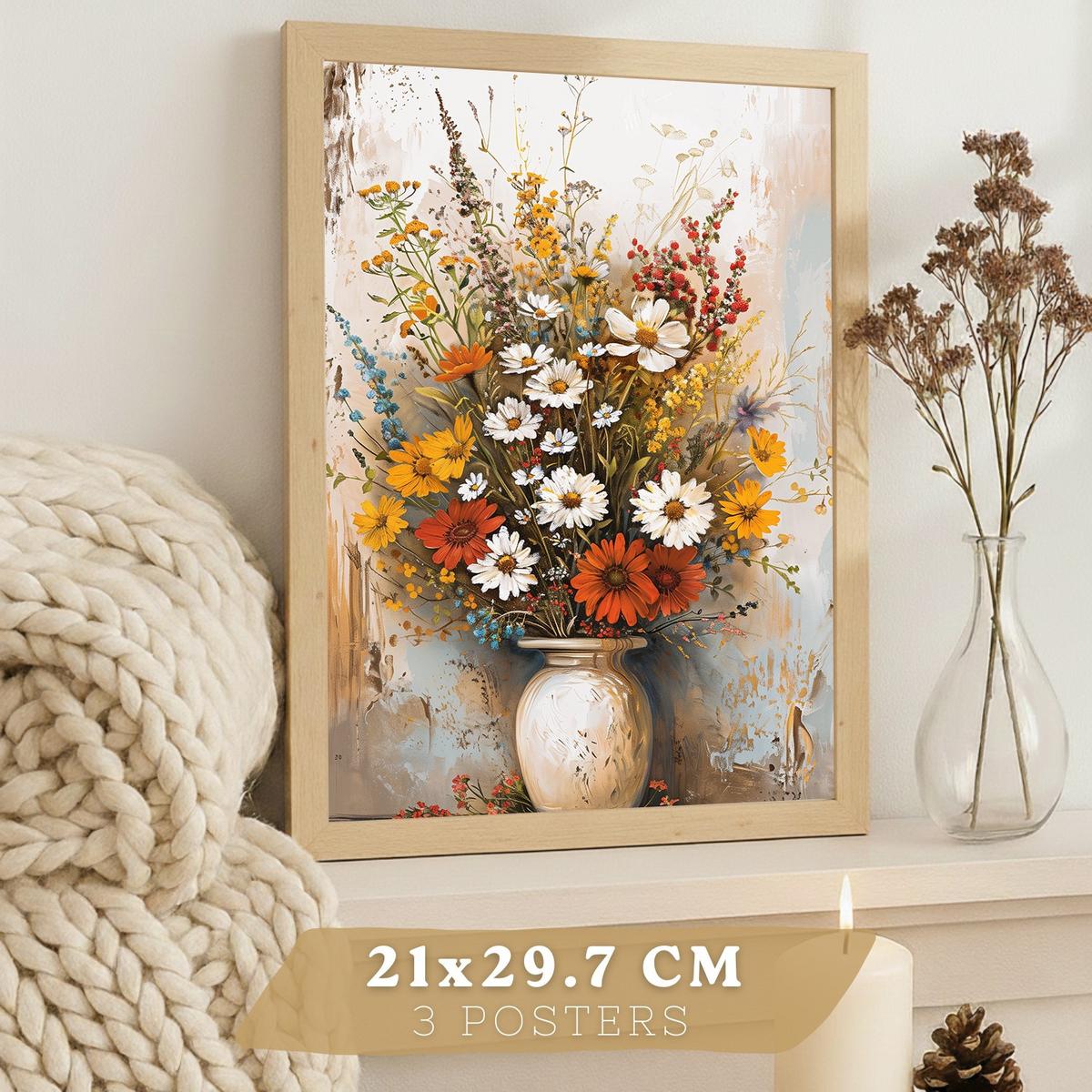 POSTER 3er Bilder-Set Wandbilder Blumen Vasen modern Wohnzimmer Deko, Schlafzimmer, Küche, Badezimmer Leichter Holzrahmen A4 - Beige, Papier (29.7/1/21cm) - Nacnic