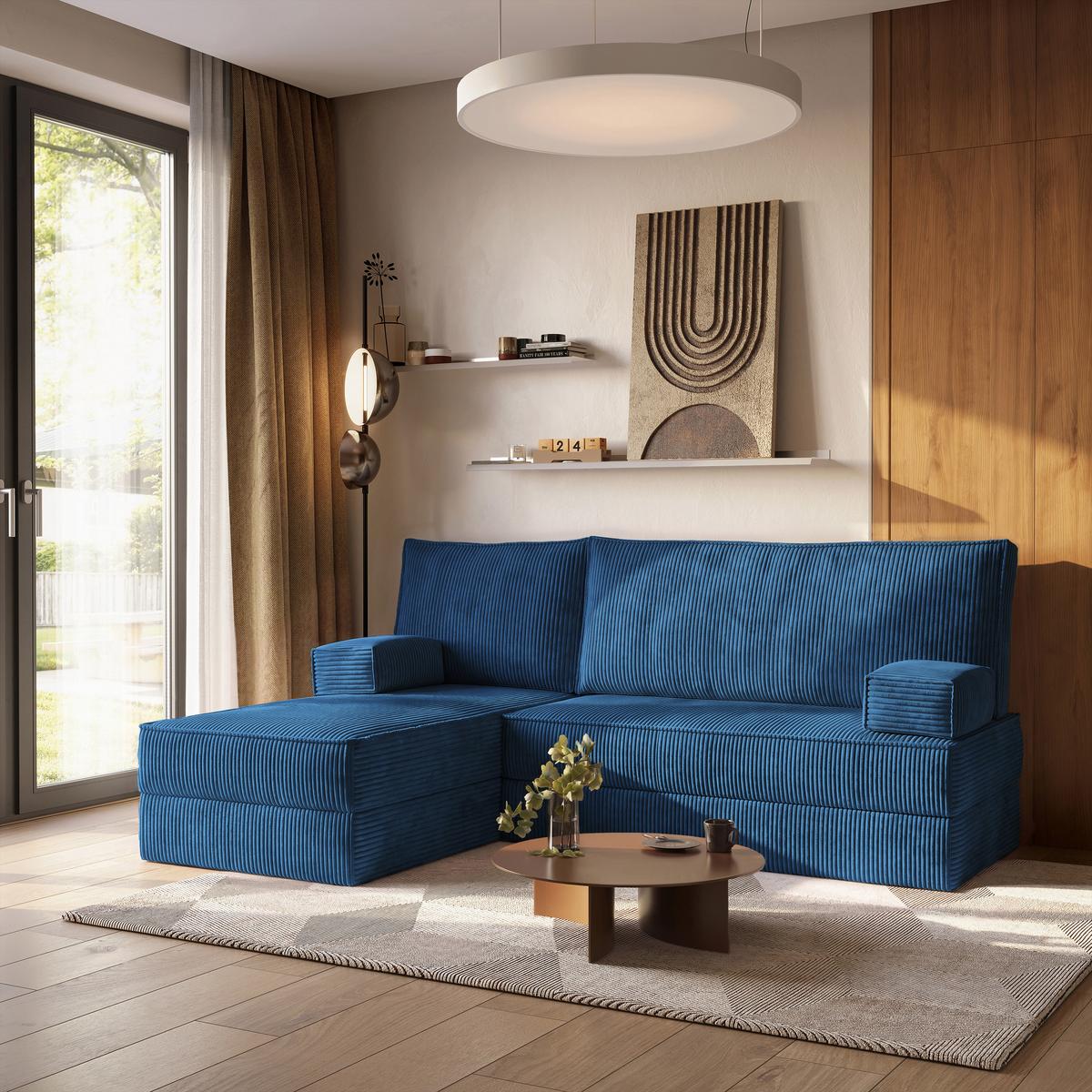 ECKSOFA NOTIA modulares Boneless Sofa mit Schlaffunktion Blau Kordstoff - Blau, Textil (200/120cm) - MASSENO
