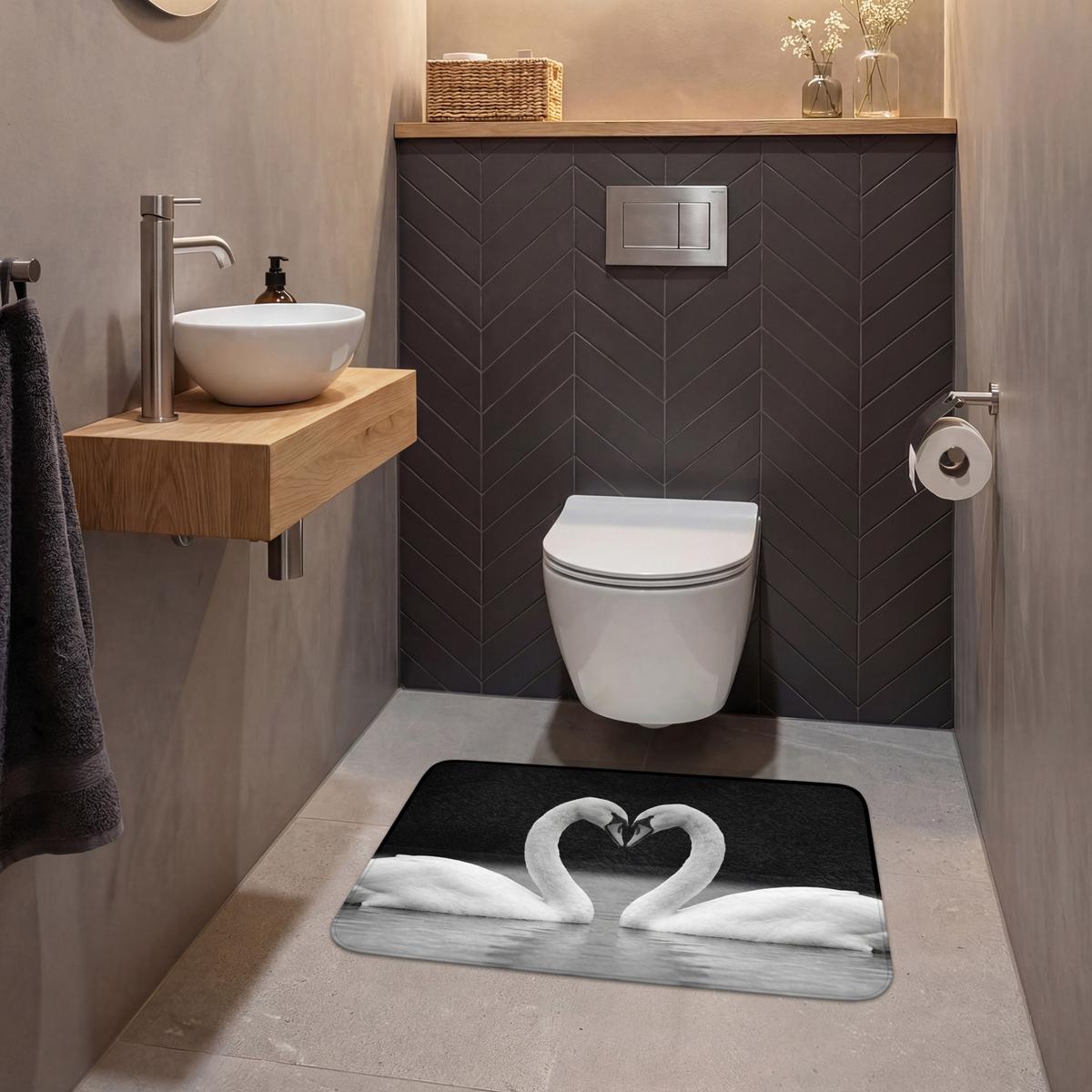 WC-VORLEGER Schwäne - Herz - Schwarz - Weiß Toilettenteppich 80x50 cm - Schwarz, Textil (80/1cm) - OnlyWow