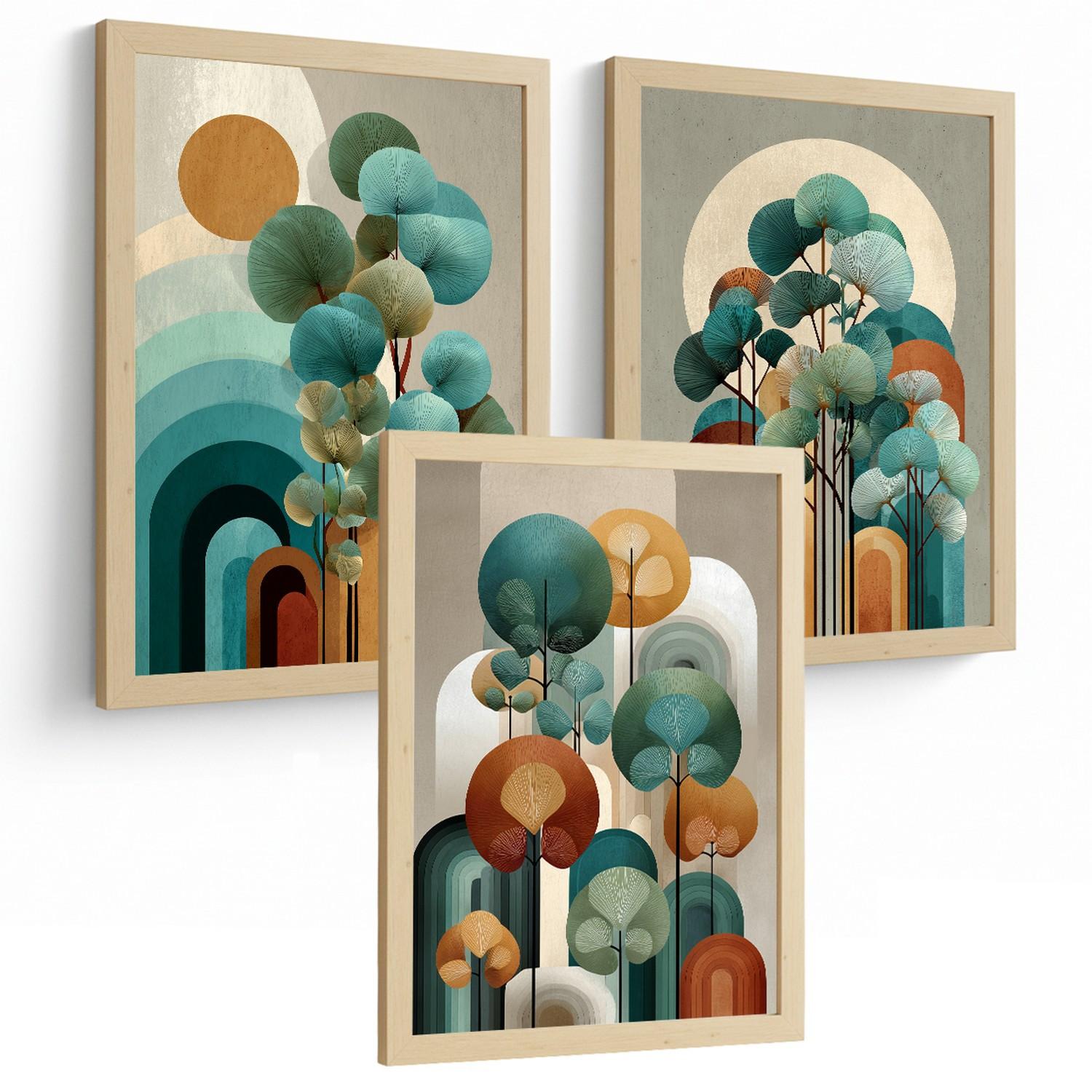 POSTER 3er Kunstdruck-Set Wandbilder Floral Abstrakt Blau Türkis modern Wohnzimmer Deko, Schlafzimmer, Küche, Badezimmer Leichter Holzrahmen A3 - Beige, Papier (29.7/1/42cm) - Nacnic