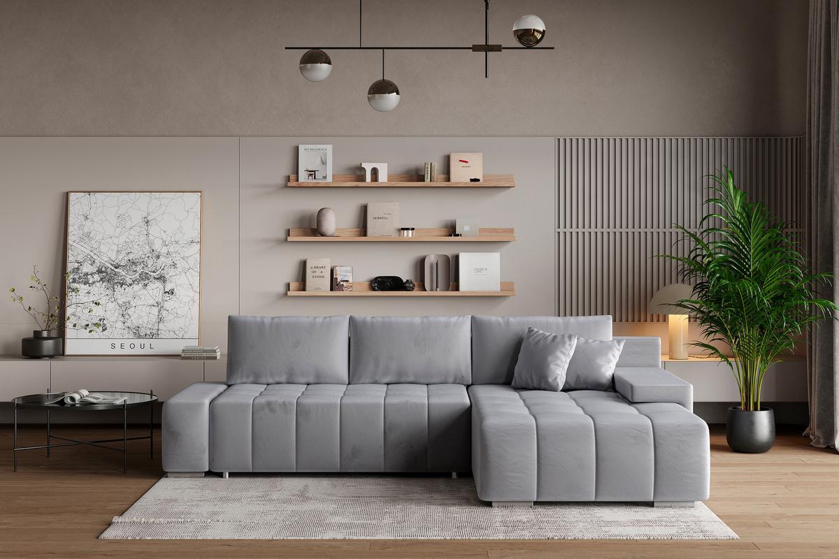 ECKSOFA ALESE R-S Hellgrau Velours-Stoff mit Schlaffunktion - Silberfarben/Hellgrau, Holz/Textil (265/185cm) - MASSENO