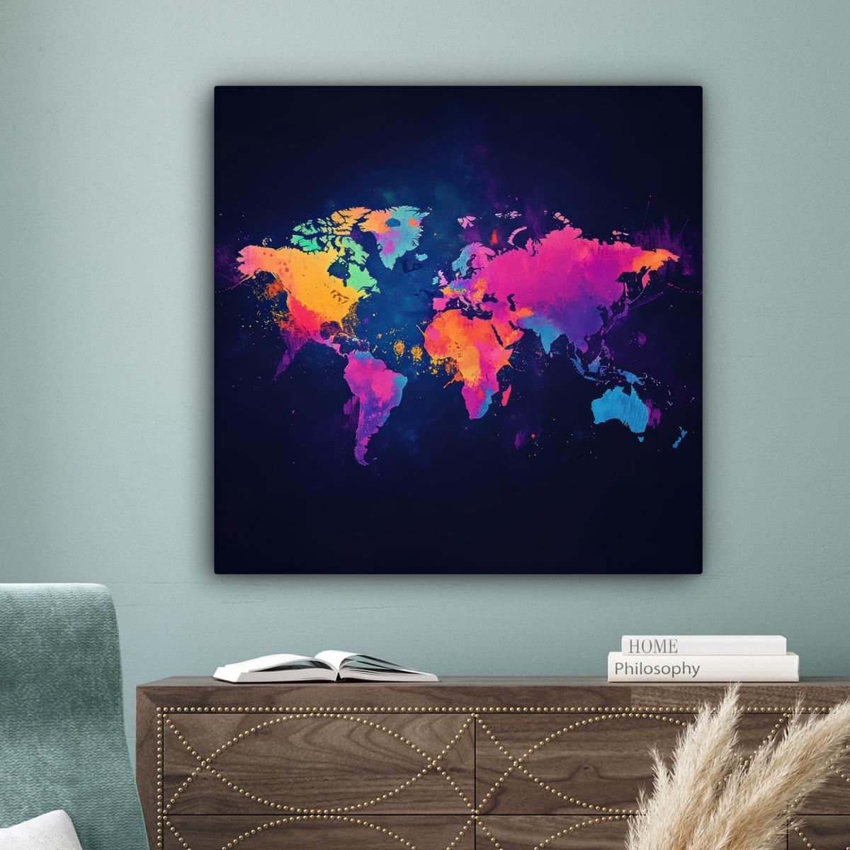LEINWANDBILD Weltkarte - Bunt - Graffiti Deko Groß 90x90 cm - Multicolor, Textil (90/90cm) - MuchoWow
