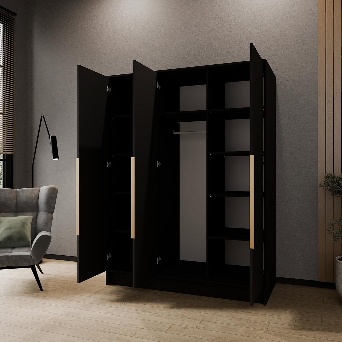 KLEIDERSCHRANK Mono Lux mit Speigel, Drehtüren mit Goldene Metallgriffe, Schwarz 150/200/51 cm - Goldfarben/Schwarz, Holzwerkstoff (150/200/51cm) - WFL GROUP