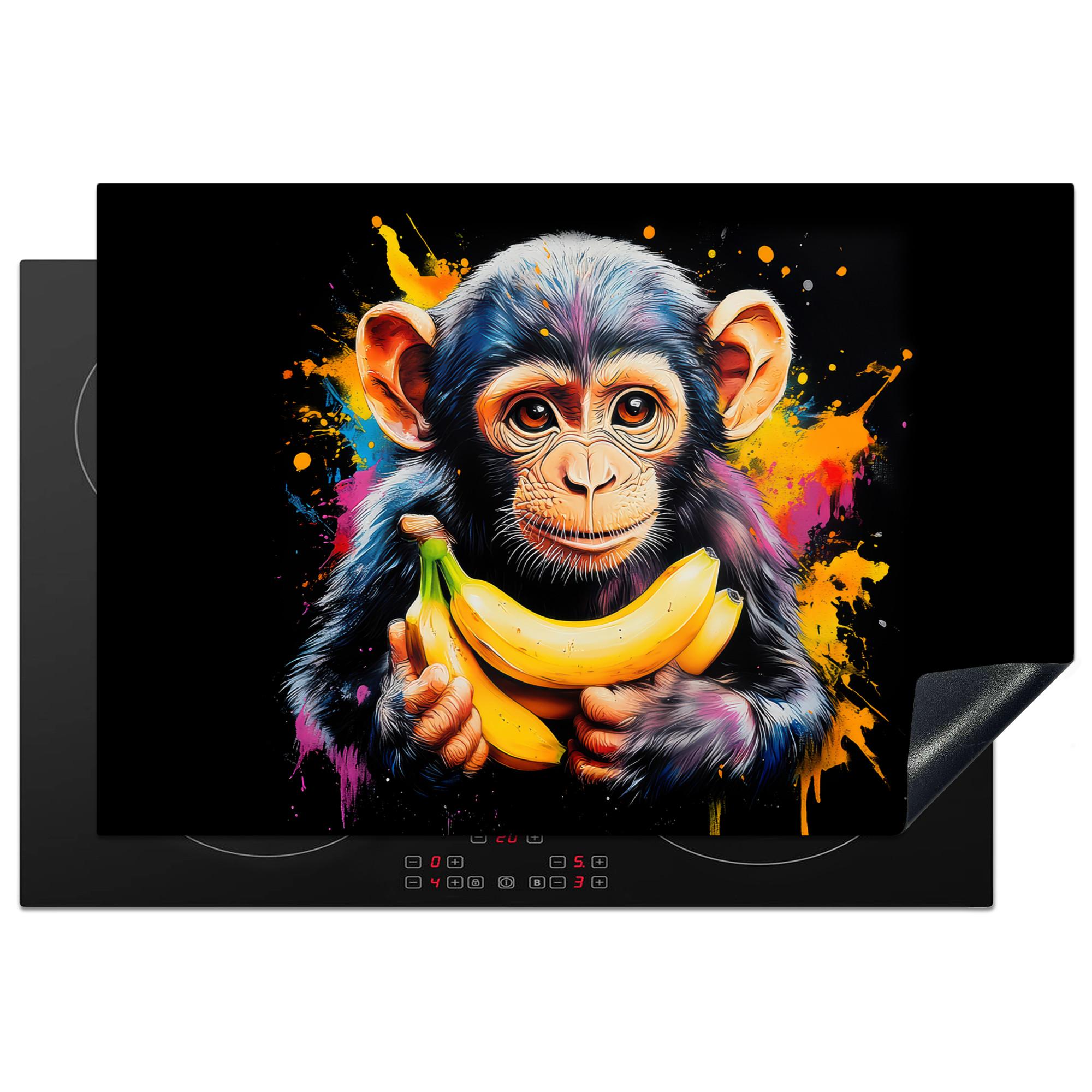 HERDABDECKPLATTE Affe - Graffiti - Farbenfroh - Bananen - Modern Ceranfeldabdeckung 76x51.5 cm - Gelb, Kunststoff (76/51.5/0.2cm) - MuchoWow