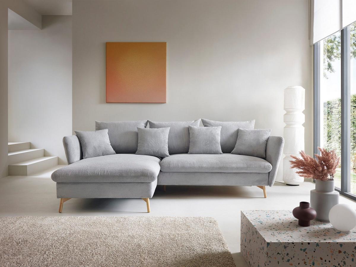 ECKSOFA NERA Grau Kordstoff mit Schlaffunktion - Grau, Holz (258/167cm) - MASSENO