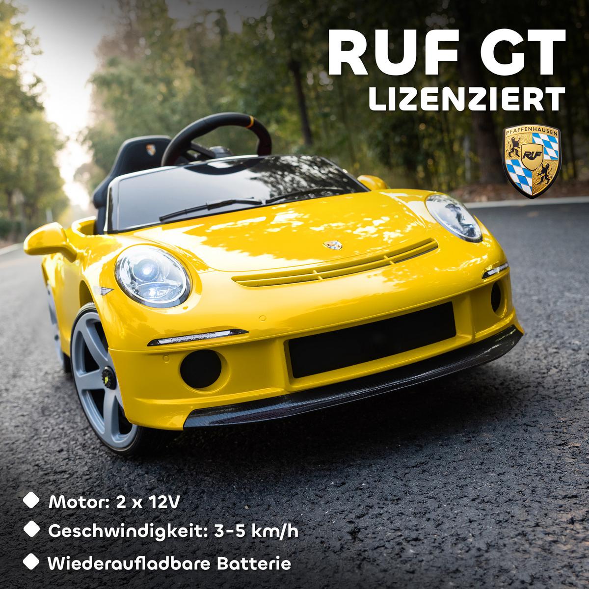 KINDER-ELEKTROAUTO 12V mit 2,4 GHz Fernbedienung, Softstart, Federungssystem - Gelb, Kunststoff (108/65.5/47cm) - AIYAPLAY