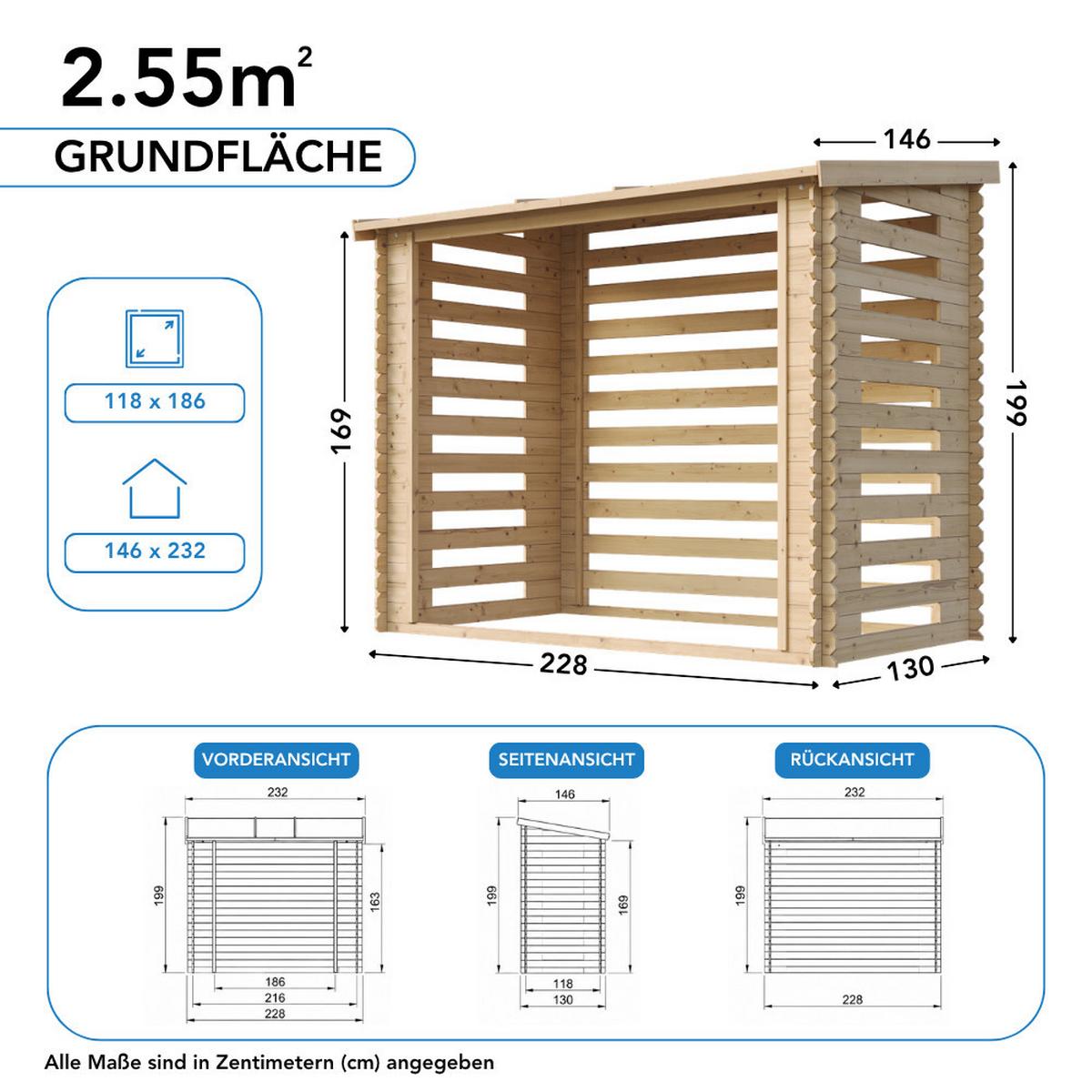 KAMINHOLZREGAL aus Holz 2,55 m², Brennholzunterstand mit Pultdach, ca. 4,3 m³ Brennholzkapazität, 232 x 146 x 199 cm (B x T x H) - Naturfarben, Holz (232/199/146cm) - Timbela