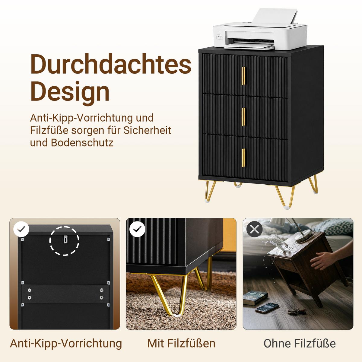 NACHTTISCH 2er Set, Beistelltisch mit 3 Schubladen modern Schwarz 40x40x63cm - Schwarz, Holzwerkstoff (40/63/36cm) - SoBuy
