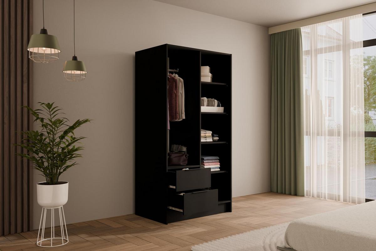 KLEIDERSCHRANK mit Flügeltüren KOLIN 100x200cm Schwarz - Schwarz, Holzwerkstoff (102/200/51cm) - ALTDECOR