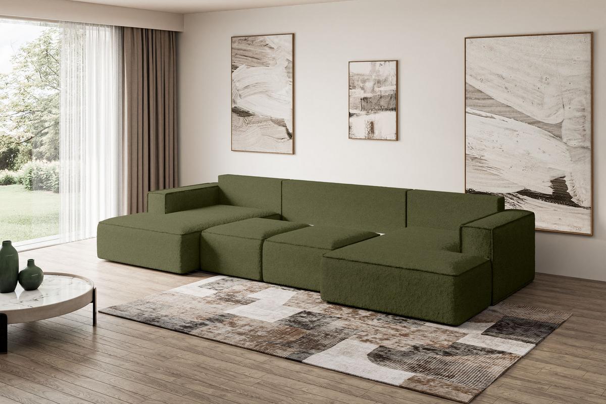 WOHNLANDSCHAFT mit Schlaffunktion und Bettkasten SIERRA-U-S - 349x161x87 cm Grün Bouclé - Schwarz/Grün, Holzwerkstoff/Kunststoff (349/87/161cm) - ALTDECOR