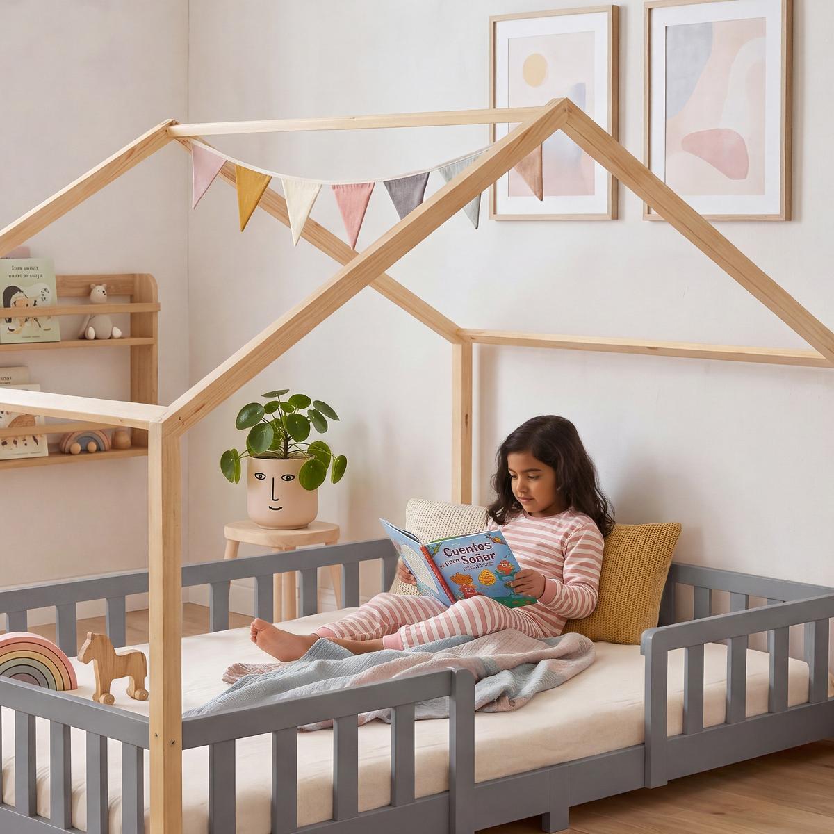 HAUSBETT Treviolo - Hellgrau/Naturfarben, Holz (140/200cm) - [en.casa]