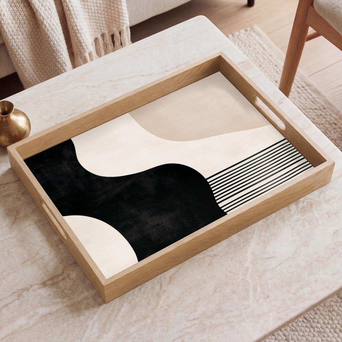 TABLETT Abstrakt - Japandi - Beige - Modern 50x35 cm - Schwarz, Holz (50/5/5cm) - OnlyWow