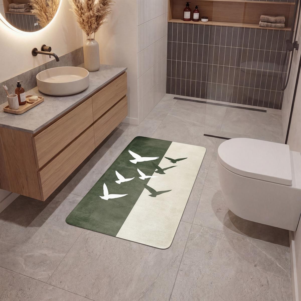 BADEMATTE Japandi - Vogel - Grün 60x90 cm - Olivgrün, Textil (60/90cm) - OnlyWow