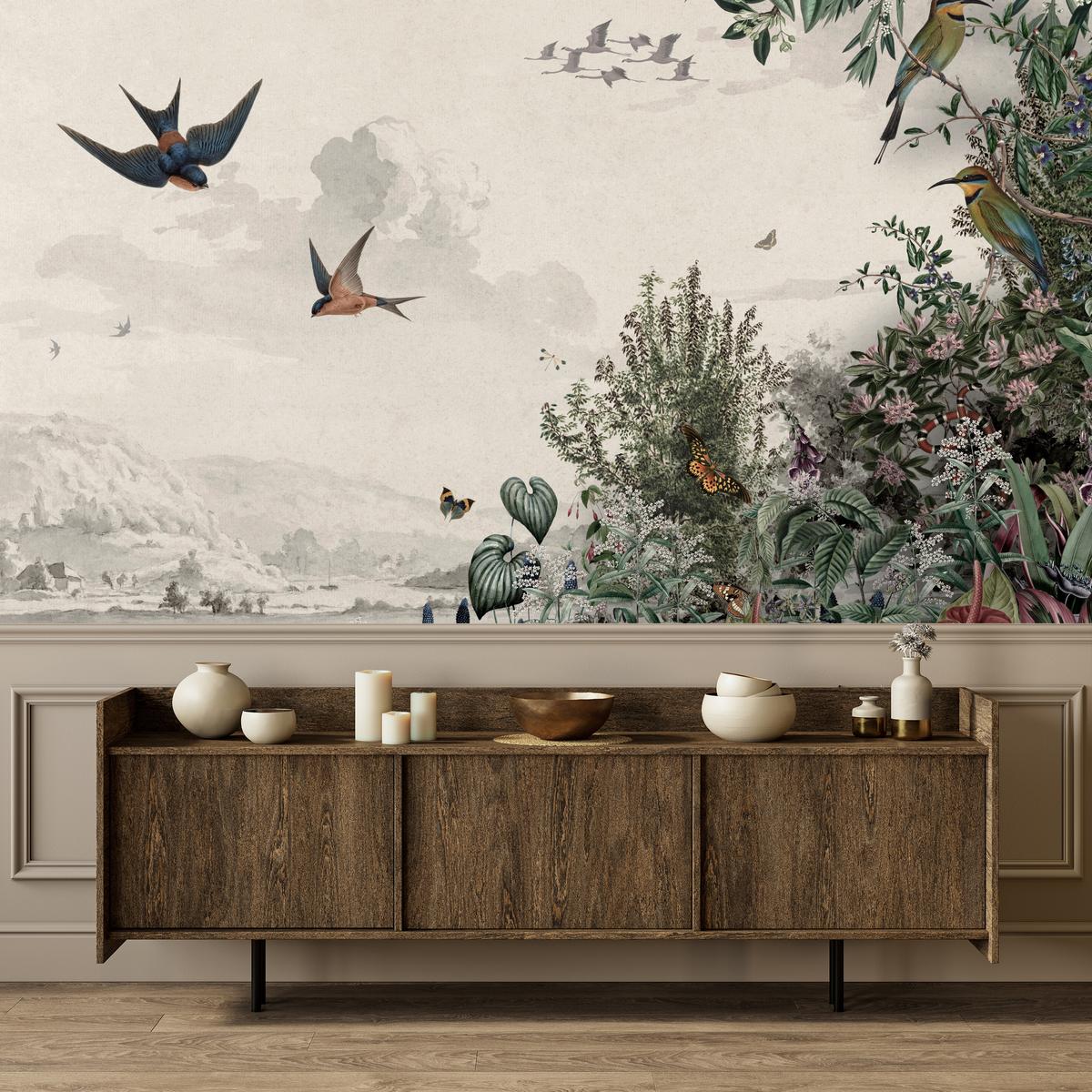 FOTOTAPETE für Wohnzimmer Retro Tropenlandschaft Vögel Büsche 400x280 - Beige/Rot, Papier (400/280cm) - Muralo