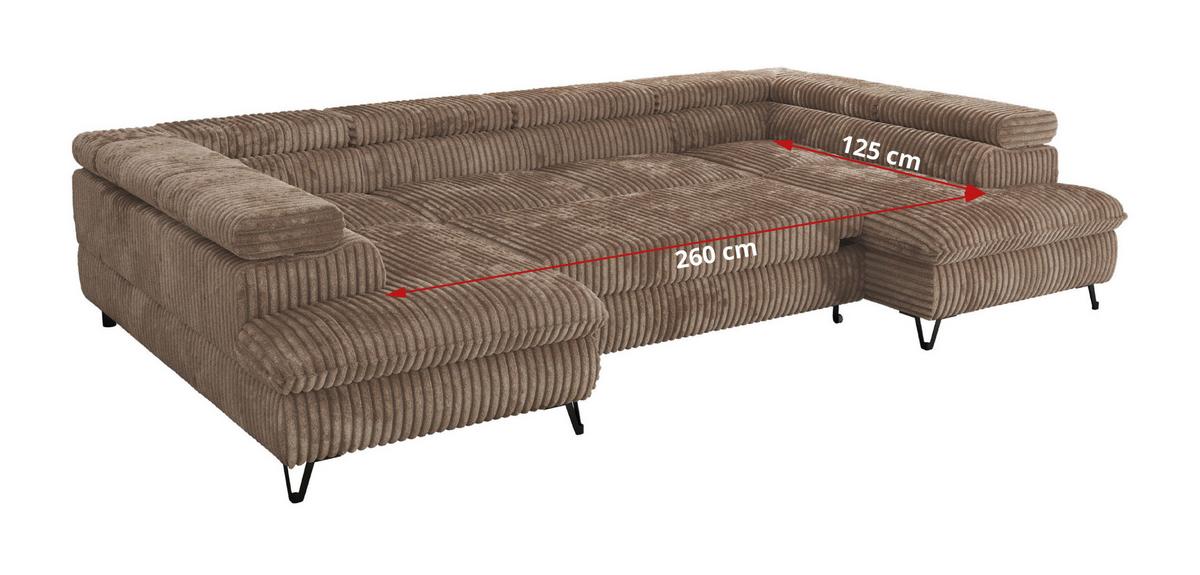 WOHNLANDSCHAFT PABLO U Cord Braun mit Topper Visco - Schwarz/Braun, Textil/Metall (346/76/208cm) - MKS