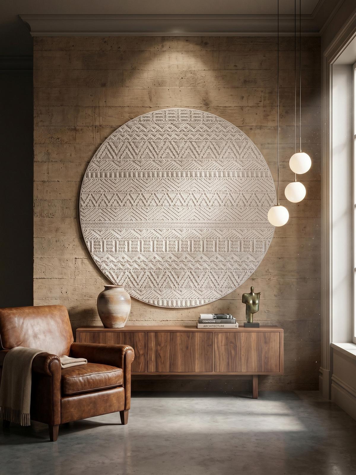 TEPPICH Flachgewebe LANGAU in Creme, mit Ethno-Streifen, Ø 120 cm - Creme, Textil (120/120cm) - KADIMA DESIGN