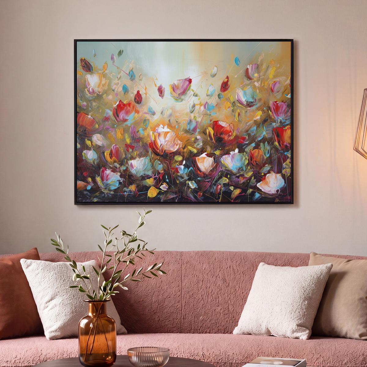 LEINWAND Bilder mit Rahmen - Blumen - Kunst - Natur - Ölgemälde - 100x70 - Multicolor, Textil (100/70cm) - MuchoWow