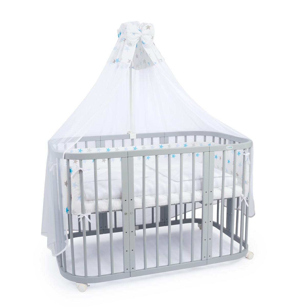 BABYBETT GREY, 7in1 mit Matratze - Grau/Hellblau, Holz (73/123cm) - waldin