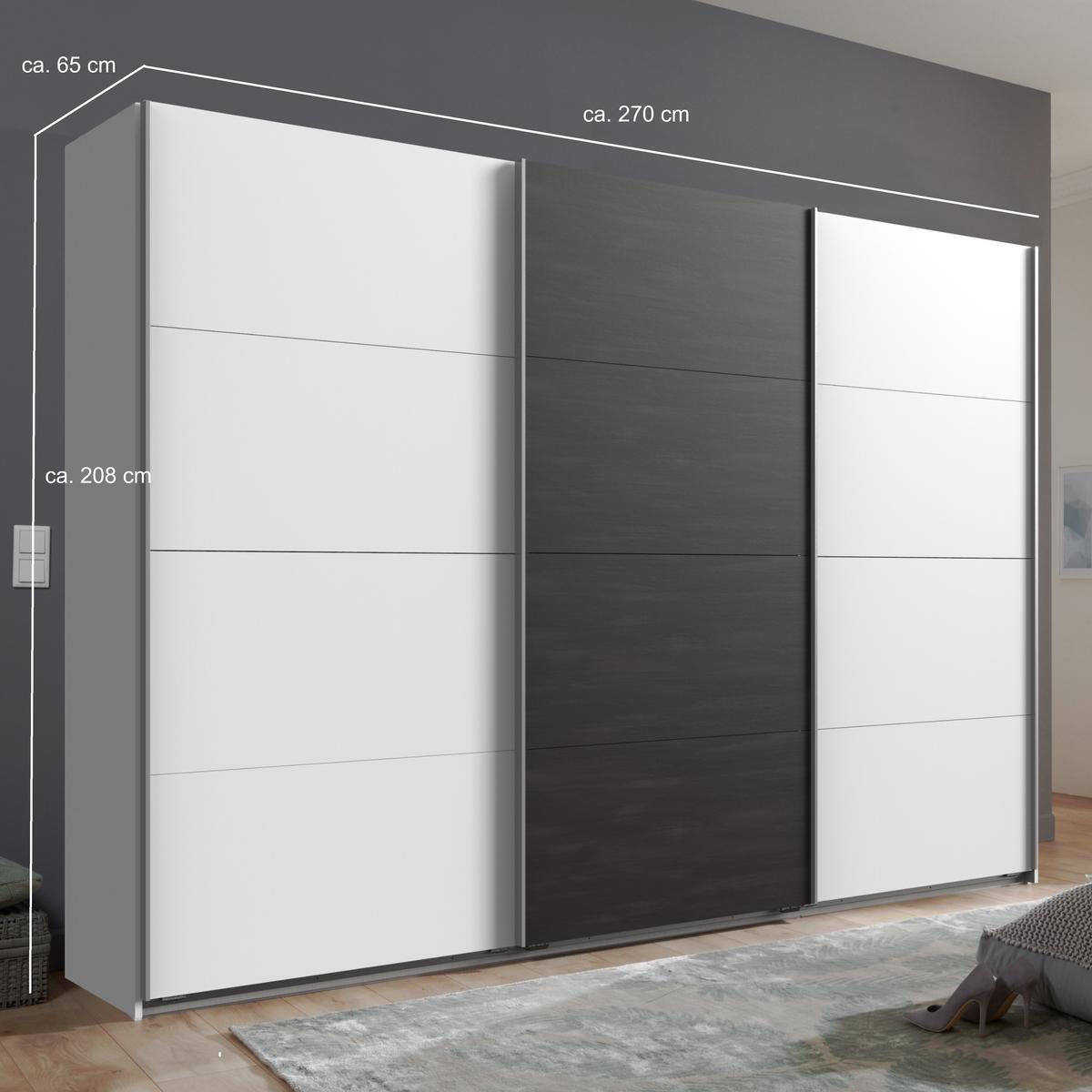 SCHWEBETÜRENSCHRANK 3-türig B270/H208/T65 cm, Kleiderschrank in Weiß, Mitteltür in grauer Stahl-Optik / 22003 - Alufarben/Schwarz, Holzwerkstoff/Metall (270/208/65cm) - luma-home