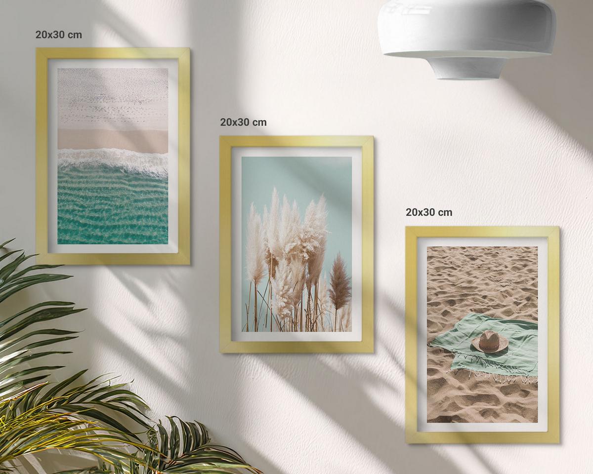 BILDER SET 3er Set - 20x30 cm Goldrahmen - Strandwellen Grashut - Goldfarben, Kunststoff (20/30cm) - TULUP