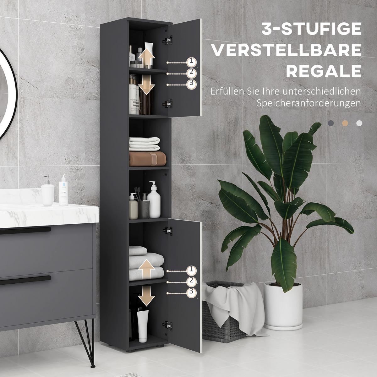 BADEZIMMERSCHRANK schmal, Hochschrank mit Verstellbar Regal, 2 offenen Fächern - Dunkelgrau, Holzwerkstoff (30/183/30cm) - Kleankin