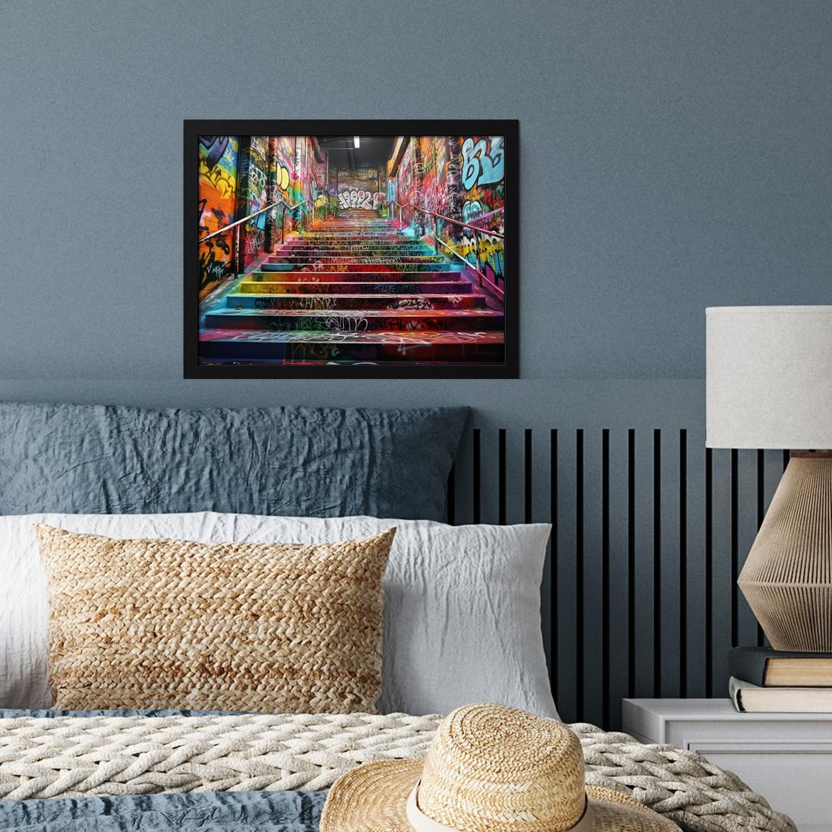 POSTER MIT RAHMENGERAHMTES BILD Treppe - Graffiti - Farben - Kunst 40x30 cm - Multicolor, Papier (40/30cm) - MuchoWow