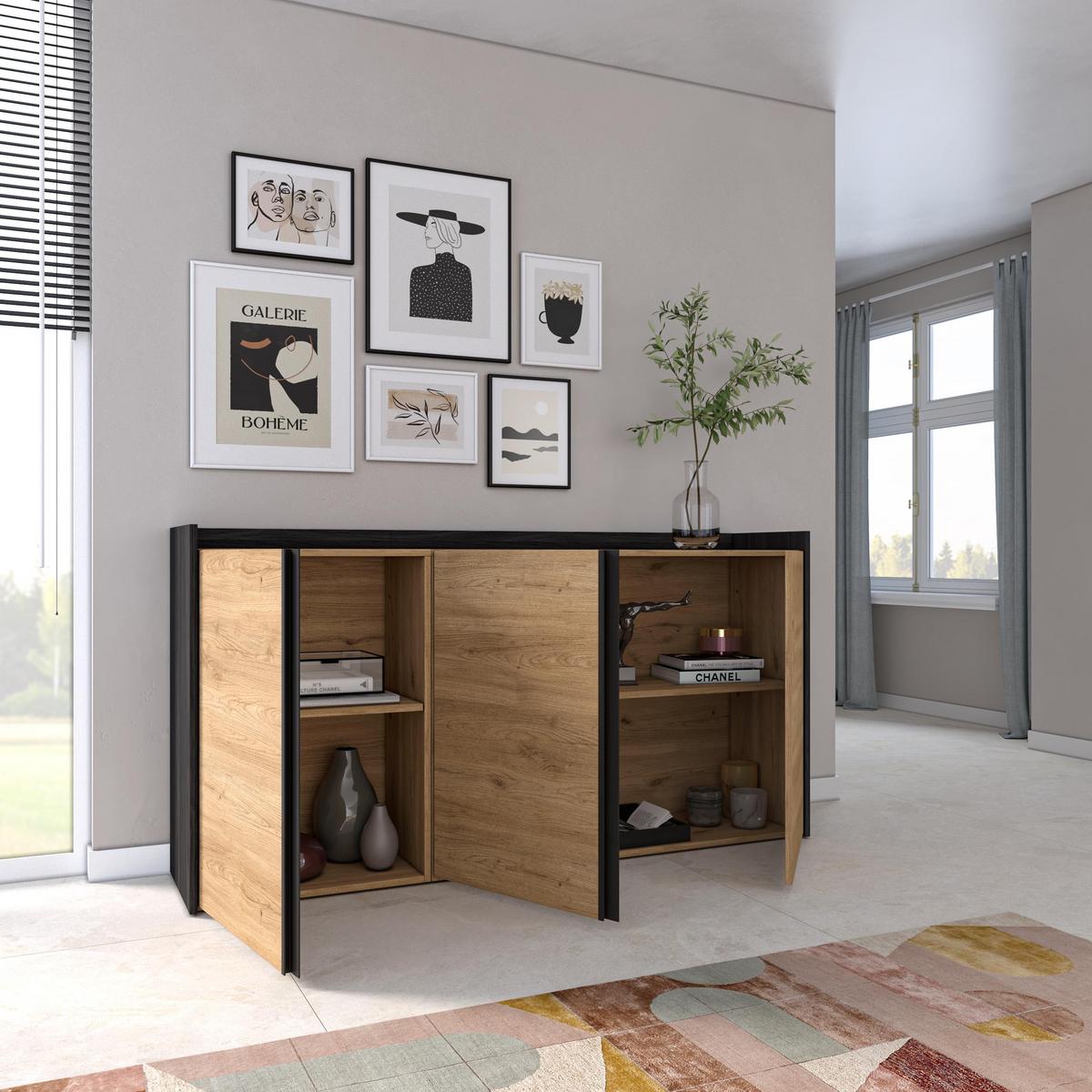 SIDEBOARD, 3 Türen, Eiche und Schwarz, 156/35/80cm - Beige, Holzwerkstoff (156/80/35cm) - Skraut Home