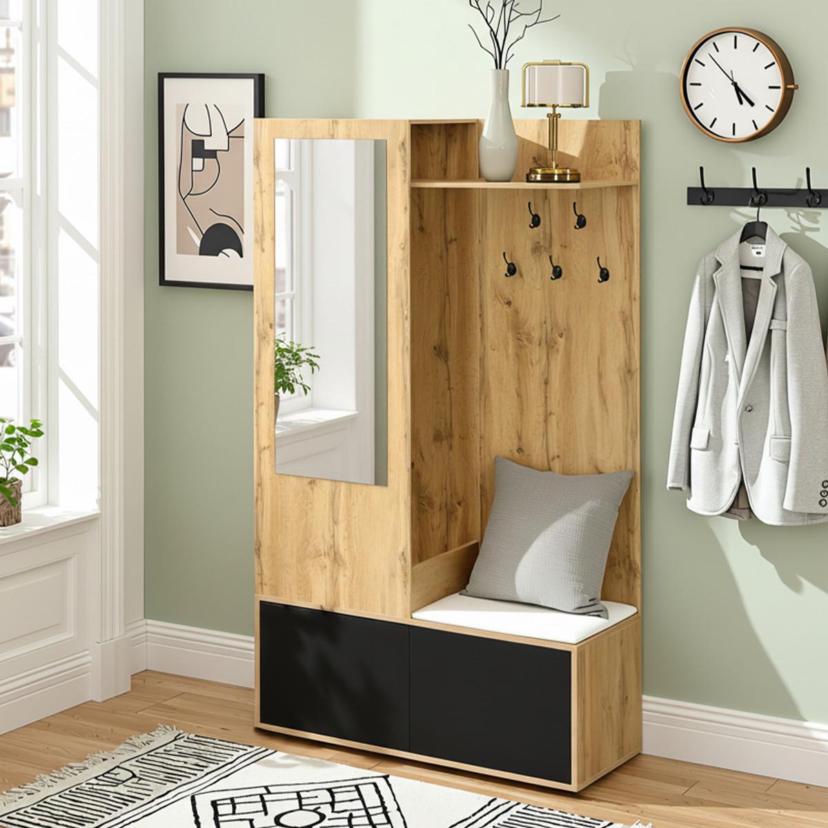 GARDEROBEN-SET 100 cm Schwarz & Natur – Kompaktgarderobe mit Spiegel, Schuhbank & versteckter Kleiderstange - Naturfarben, Holzwerkstoff (100/191/38cm) - Urban Meuble