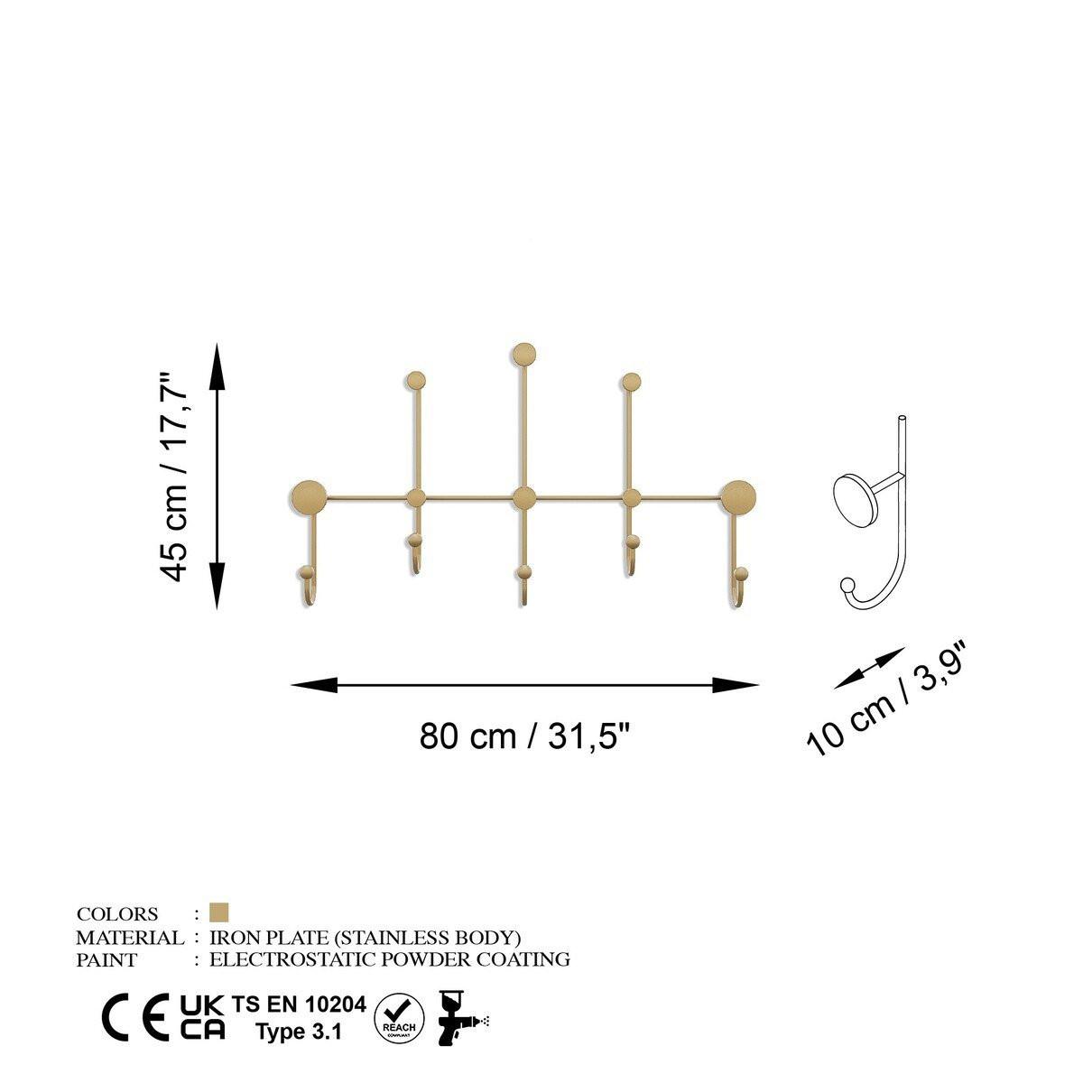 WANDGARDEROBE mit 8 Haken aus goldfarbenem Metall 80/10/45 cm - Goldfarben, Metall (10/45/80cm) - Calicosy