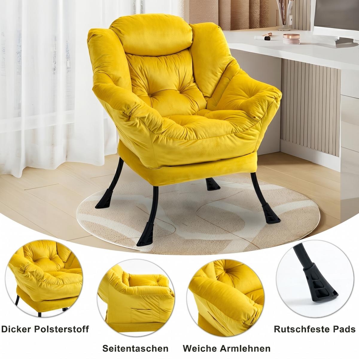 SESSEL aus samt und metall, mit kopfstütze und seitentasche - Gelb, Metall (75/85/80cm) - Urban Meuble