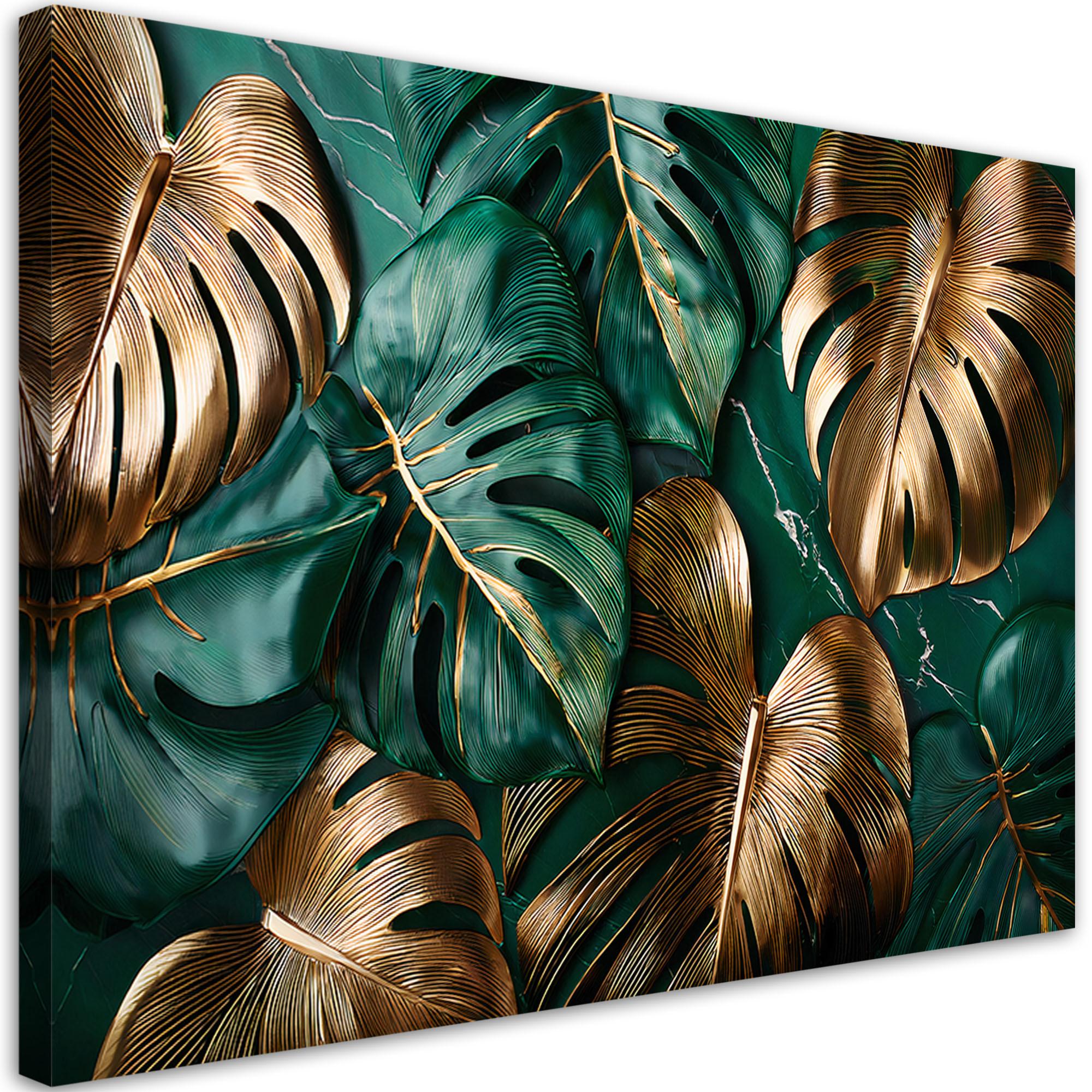 LEINWANDBILD Goldgrüne Monstera-Blätter 90x60cm - Grün, Textil (90/60cm) - Feeby