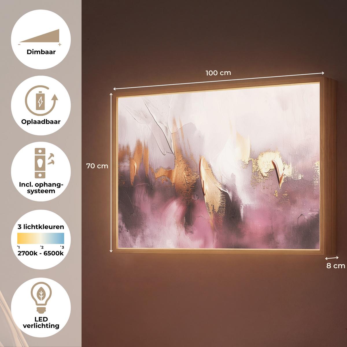 WANDLEUCHTE MIT AKKU Lila - Abstrakt - Farbe - Gold 100x70 cm - Mauve, Holzwerkstoff (100/70/8cm) - OnlyWow