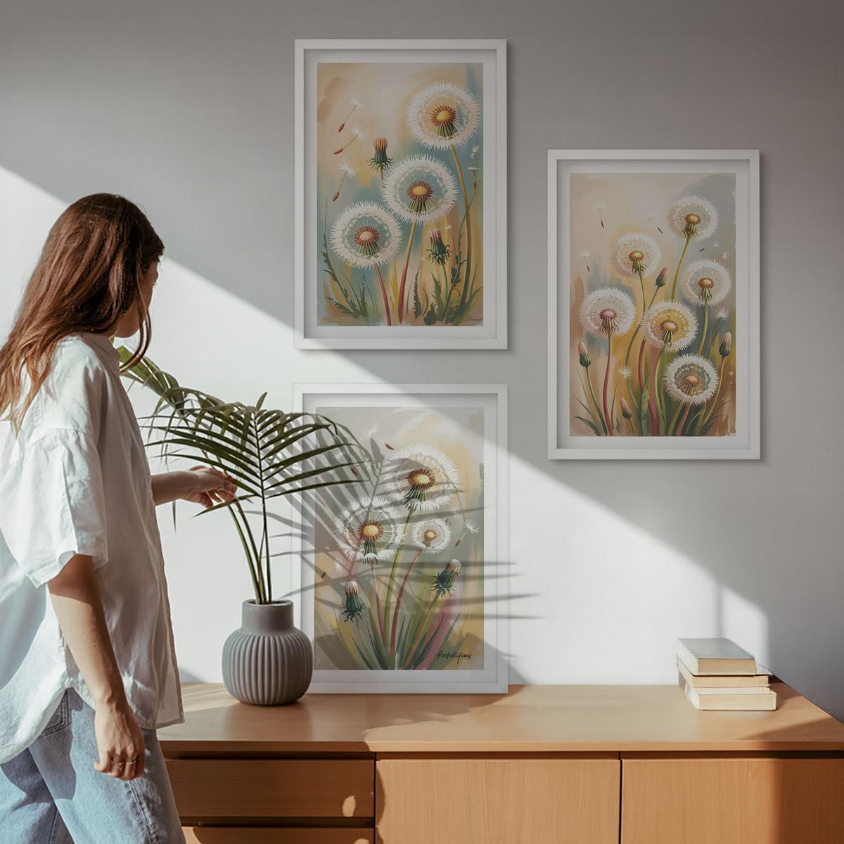 BILDER SET 3er Set - 40x60 cm Weißer Rahmen - Löwenzahnblüten, pastellfarbene Gräser - Weiß, Kunststoff (40/60cm) - TULUP