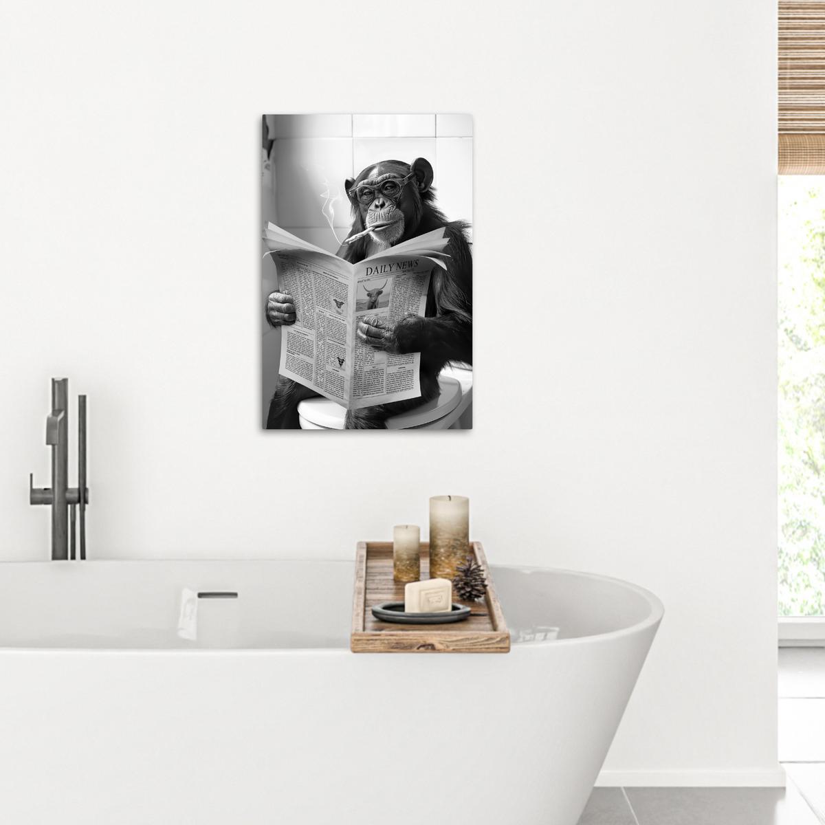 LEINWANDBILD Affe - WC - Zeitung - Schwarz-Weiß - Humor Wanddeko 40x60 cm - Hellgrau, Textil (40/60cm) - MuchoWow